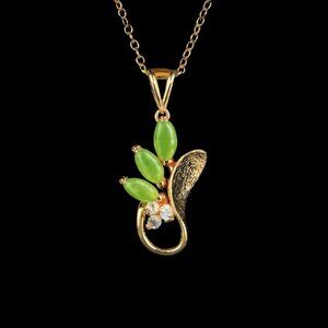 Green Jade Cabochon Pendant Necklace 18K Gold Electroplate Designer Signed
